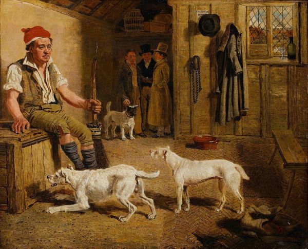 An Interior Scene With A Servant And Parson Jack Russell Hunt Terriers
