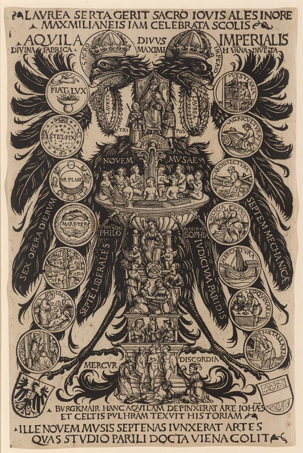Allegorischer Reichsadler des Konrad Celtis mit den Künsten, dem Musenbrunnen und dem Urteil des Paris (1507)