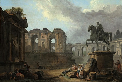 A Roman capriccio with washerwomen by the Statue of Marcus Aurelius