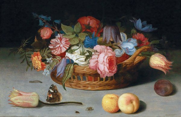 Roses, Tulips, Irises And Other Flowers In A Wicker Basket, With Fruit And Insects On A Ledge
